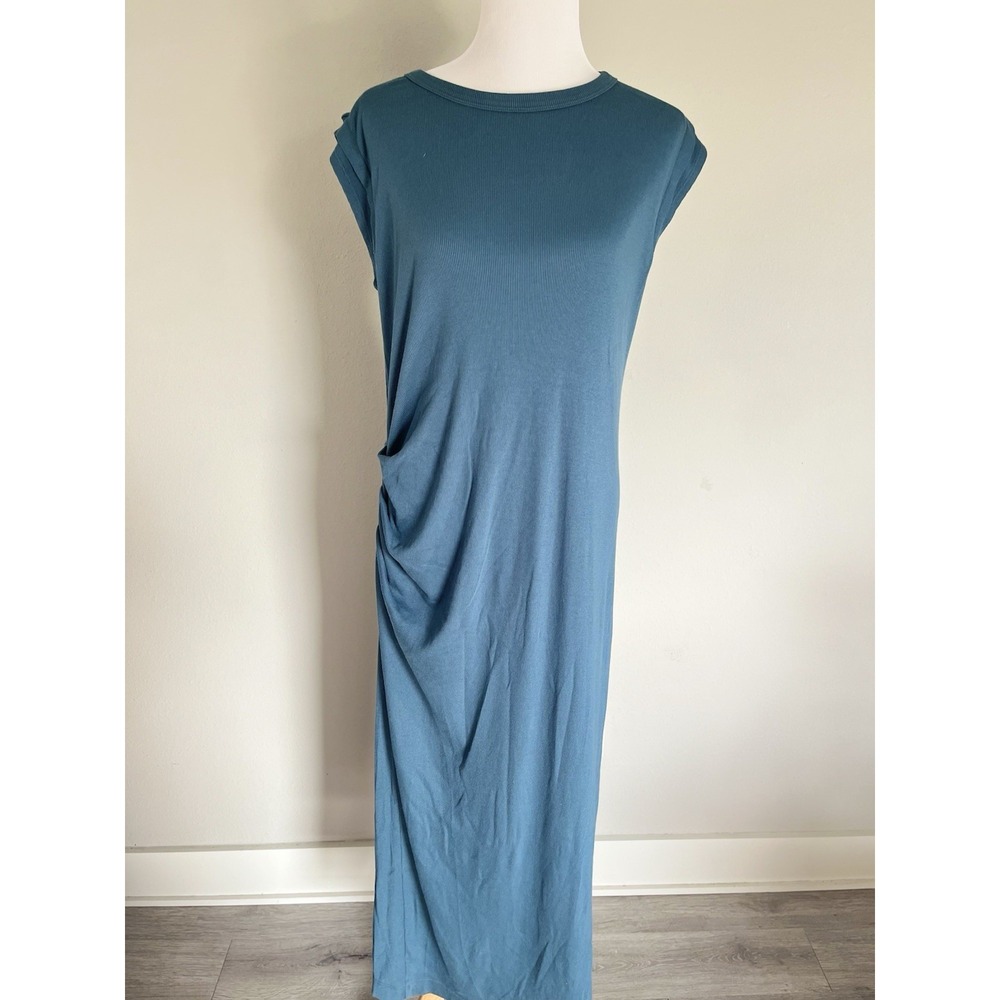 Michael Stars Ruched Maxi Dress Size XL Teal Blue CALLIOPE High Slit NWOT